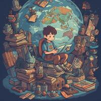 A child sits on earth reading a book among many different items, cartoon with photo