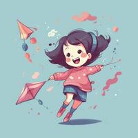 pequeño niña corriendo volador cometa, dibujos animados ilustración con generativo ai foto