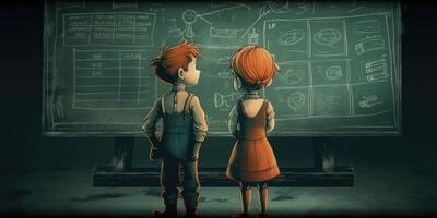 Two children standing with blackboard next to each other, cartoon illustration with photo