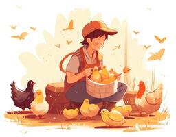 joven niña alimentación pollos dibujos animados plano ilustración, generativo ai foto