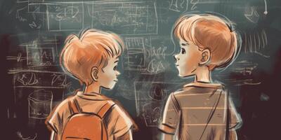 Two children standing with blackboard next to each other, cartoon illustration with photo