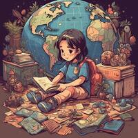 un niño se sienta en tierra leyendo un libro entre muchos diferente elementos, dibujos animados con generativo ai foto