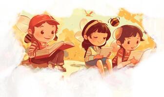 Preschool children reading books. flat illustration in the summertime with bees. photo