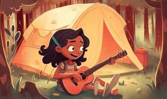 Kids playing guitar on a camp fire, illustration design with photo
