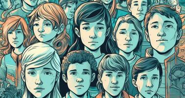 Cartoon illustration with multiple kids and spaces for your text. photo