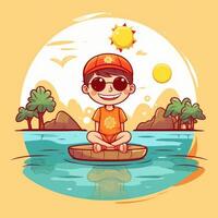 Boy enjoying summer holiday, cartoon illustration with photo