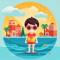 Boy enjoying summer holiday, cartoon illustration with photo