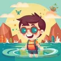 Boy enjoying summer holiday, cartoon illustration with photo