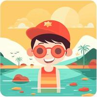 Boy enjoying summer holiday, cartoon illustration with photo