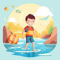 Boy enjoying summer holiday, cartoon illustration with photo