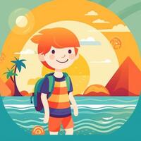 Boy enjoying summer holiday, cartoon illustration with photo