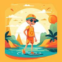 Boy enjoying summer holiday, cartoon illustration with photo