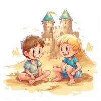 dos niños jugar en el arena castillo, dibujos animados ilustración con generativo ai foto