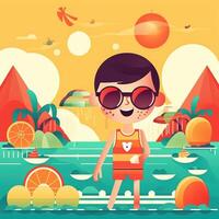 Boy enjoying summer holiday, cartoon illustration with photo