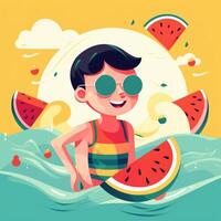 Boy enjoying summer holiday, cartoon illustration with photo