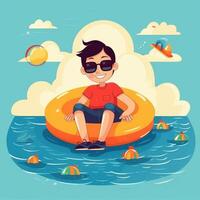 Boy enjoying summer holiday, cartoon illustration with photo