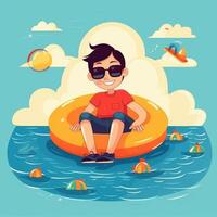 Boy enjoying summer holiday, cartoon illustration with photo