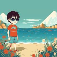 Boy enjoying summer holiday, cartoon illustration with photo