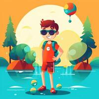 Boy enjoying summer holiday, cartoon illustration with photo