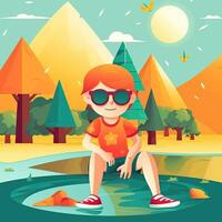 Boy enjoying summer holiday, cartoon illustration with photo