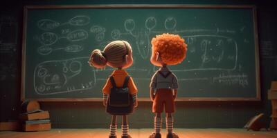 Two children standing with blackboard next to each other, cartoon illustration with photo