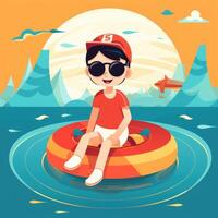 Boy enjoying summer holiday, cartoon illustration with photo