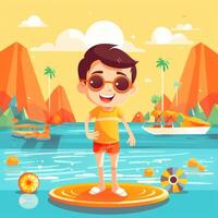 Boy enjoying summer holiday, cartoon illustration with photo