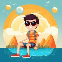Boy enjoying summer holiday, cartoon illustration with photo