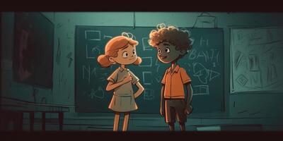 Two children standing with blackboard next to each other, cartoon illustration with photo