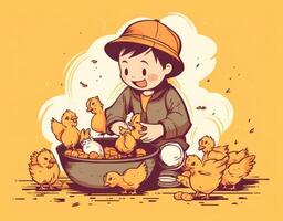 Farmboy feeding chickens on a farm, cartoon illustration with photo