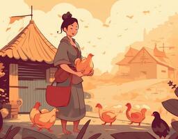 young girl feeding chickens cartoon flat illustration, photo