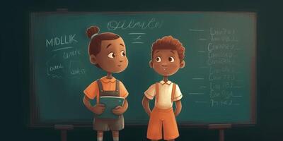 Two children standing with blackboard next to each other, cartoon illustration with photo