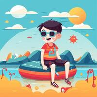 Boy enjoying summer holiday, cartoon illustration with photo