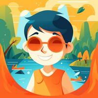 Boy enjoying summer holiday, cartoon illustration with photo