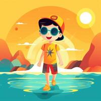 Boy enjoying summer holiday, cartoon illustration with photo