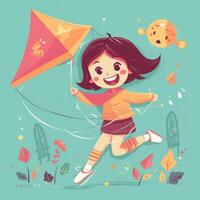 Little girl running flying kite, cartoon illustration with photo