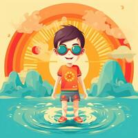 Boy enjoying summer holiday, cartoon illustration with photo