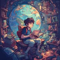 A child sits on earth reading a book among many different items, cartoon with photo