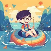 Boy enjoying summer holiday, cartoon illustration with photo