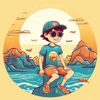 Boy enjoying summer holiday, cartoon illustration with photo