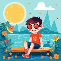 Boy enjoying summer holiday, cartoon illustration with photo