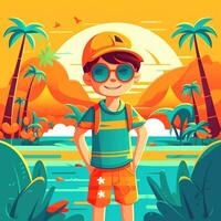 Boy enjoying summer holiday, cartoon illustration with photo