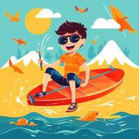 Boy enjoying summer holiday, cartoon illustration with photo