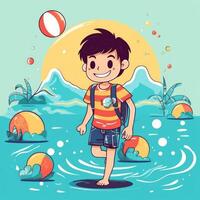 Boy enjoying summer holiday, cartoon illustration with photo