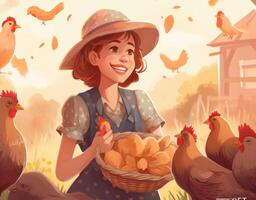 joven niña alimentación pollos dibujos animados plano ilustración, generativo ai foto