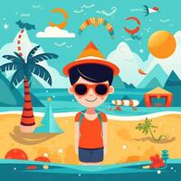 Boy enjoying summer holiday, cartoon illustration with photo