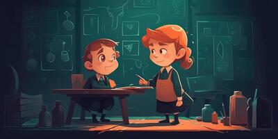 Two children standing with blackboard next to each other, cartoon illustration with photo