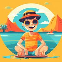 Boy enjoying summer holiday, cartoon illustration with photo