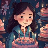 un niña es participación un pastel mientras celebrando un cumpleaños, dibujos animados ilustración con generativo ai foto