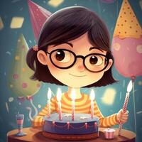 A girl is holding a cake while celebrating a birthday, cartoon illustration with photo